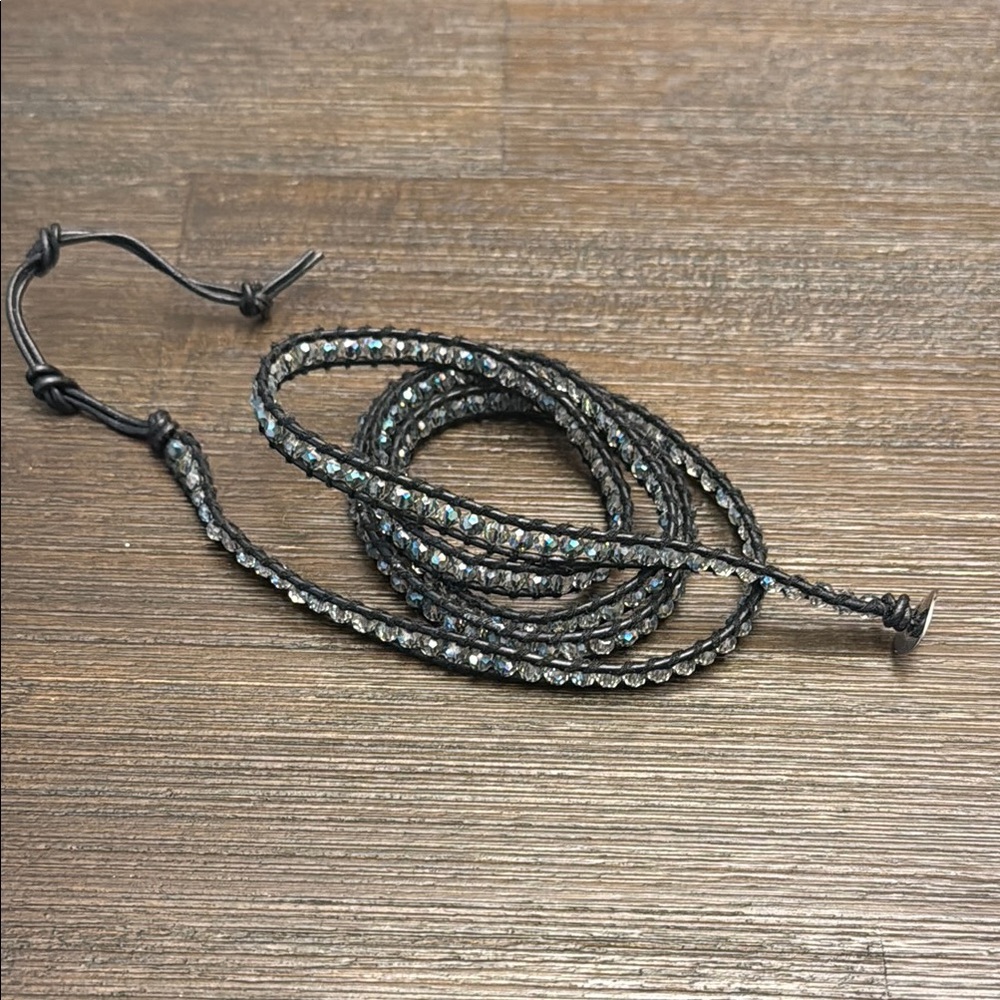 Black leather and clear crystal bead wrap bracelet